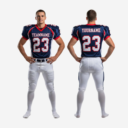 Size and specification sheet for custom navy and white tackle football uniforms showing available youth and adult sizing for full roster orders