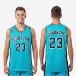 Size and specification chart for the custom teal and black league basketball jersey covering youth and adult sizes