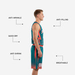 Sublimated teal basketball uniforms opposite side view showing coral binding neckline and full matching two-piece set on adult male model