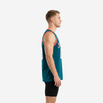 Men's custom teal basketball jersey with coral-red armhole trim, white-outlined front number 00, and arced team name across the chest
