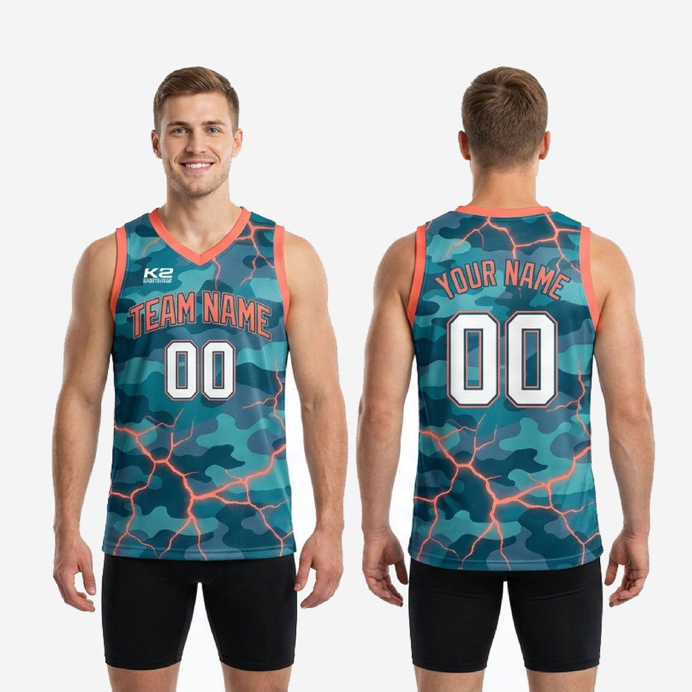 Side Panel Custom Teal Basketball Jerseys - Camo Orange