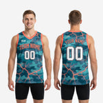 Size and specification chart for custom teal basketball jerseys showing youth and adult sizing options