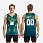 Size and specification chart for custom green and gold basketball jerseys showing youth and adult sizing options