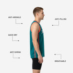 Back view of custom teal basketball jersey showing coral trim at neck and armholes with back number and player name print zones
