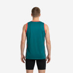 Opposite side view of personalized teal basketball jersey with coral trim detail and straight hem with side vents on male model