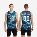 Back view of custom teal basketball jersey displaying back number and player name print zones on navy storm graphic