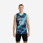 Custom teal basketball jerseys with navy storm-cloud and lightning bolt sublimation print, front and back view showing team name and number placement