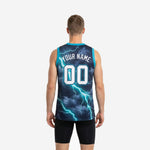Side view of teal basketball jersey showing V-neck, teal armhole binding, and full sublimation lightning graphic running to the hem