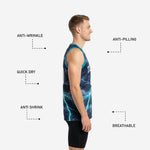 Right side view of navy and teal sublimated basketball jersey showing athletic sleeveless cut and straight hem length