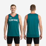 Size and specification chart for custom teal basketball jerseys with coral trim, showing youth and adult sizing details