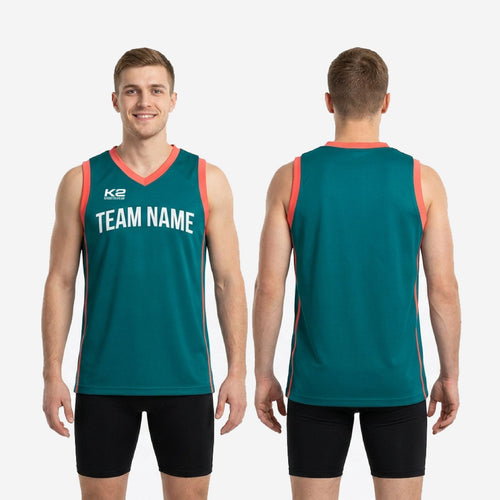 Size and specification chart for custom teal basketball jerseys with coral trim, showing youth and adult sizing details