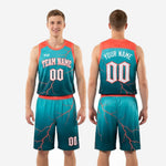 Size and specification sheet for custom teal basketball uniforms showing youth and adult size run