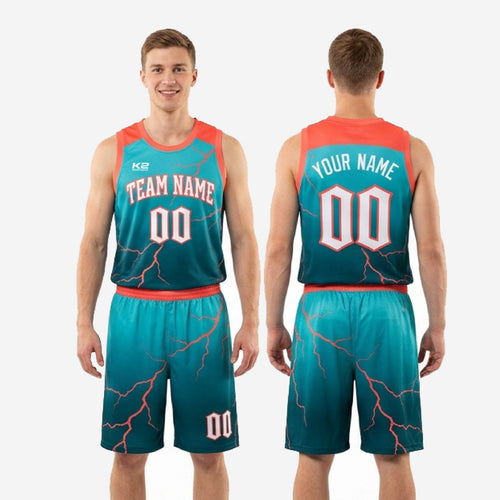 Size and specification sheet for custom teal basketball uniforms showing youth and adult size run