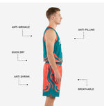 Back view of custom teal basketball uniform showing player name and back number above the wave graphic on the orange shorts