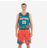 Teal basketball uniforms two-piece set with orange wave graphic, arched team name and number 00 on the front jersey and matching orange shorts