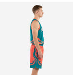 Front view of custom teal basketball uniform with V-neck jersey showing team name and number 00 above orange wave hem graphic