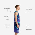 Back view of navy galaxy basketball uniform showing back name and number sublimated on jersey with matching teal armhole binding