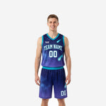 Teal basketball uniforms navy galaxy two-piece set with comet graphic on jersey chest and matching shorts front view on male model