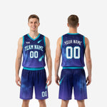 Size and specification sheet for custom teal and navy galaxy sublimated basketball uniform set in youth and adult sizing