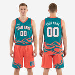 Size and specification chart for custom teal basketball uniforms available in youth and adult sizes