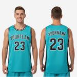 Size and specification chart for teal and black custom basketball jerseys for clubs showing youth and adult size measurements