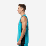 Side view of the teal custom league basketball jersey showing black side panel running from armhole to straight hem with side vent