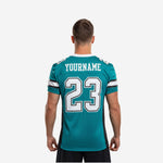 Back view of custom American football jersey in teal and black showing back number and nameplate area
