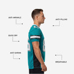 Close detail of teal mens football jersey showing white and black sleeve stripe band and mesh side panel construction