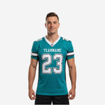 Custom mens football jersey in teal and black with white V-neck collar, front number 23, team name on chest, and stripe sleeve bands