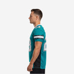 Left side view of sublimated mens football jersey in teal with black side panel and set-in short sleeve with stripe band