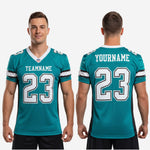 Size and specification chart for custom teal and black mens football jerseys covering youth through adult roster sizing