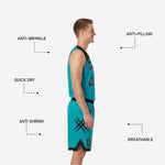 Back view of teal side reversible basketball jersey showing sublimated player name and number on reverse side