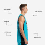 Back view of the teal custom basketball jersey showing player name and back number on a black contrast panel with sublimated teal body