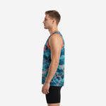 Side view of teal camo basketball jersey showing armhole binding, straight hem, and full-body sublimated crack pattern