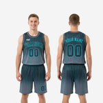 Size and specification chart for custom teal and charcoal pinstripe basketball uniforms in youth and adult sizes