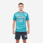 Teal and charcoal vintage soccer kit with ripple wave sublimation, front view, custom team name and number
