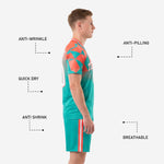 Teal soccer shorts with coral and white side stripe detail from custom kits soccer set
