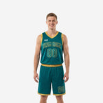 Custom basketball league uniforms in teal and gold showing full front and back of sublimated jersey and matching shorts