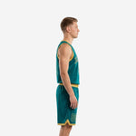 Front view of teal and gold custom basketball league uniform with arced team name and gold V-neck collar trim