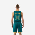 Opposite side view of teal gold basketball league uniforms showing drawcord waistband and lightweight mesh fabric