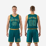 Size and specification sheet for teal and gold basketball league uniforms showing youth and adult size run