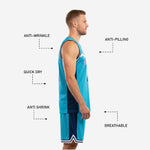 Detail view of navy and white chevron hem stripe on teal basketball uniform shorts