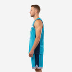 Right side view of teal navy basketball uniform set showing chevron hem detail on shorts