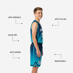 Youth basketball uniform size and specification sheet for the custom teal and navy 2-piece jersey and shorts set