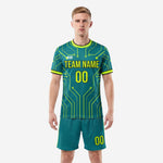 Front view of teal and neon yellow circuit board custom soccer uniform with team name and number