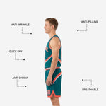 Back view of teal reversible basketball jersey showing sublimated back number and name zones with coral-orange trim