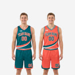 Detail view of the diagonal swooping stripe and V-neck binding on the custom teal and orange reversible basketball uniform