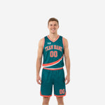 Teal and orange reversible basketball uniforms front and back showing diagonal stripe design with coral-orange V-neck binding and sublimated team name and number