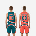 Size and spec sheet for teal and orange custom reversible basketball uniforms showing youth and adult sizing options