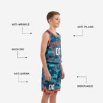 Full set view of teal and orange youth basketball uniform set showing jersey and matching shorts camo pattern from front